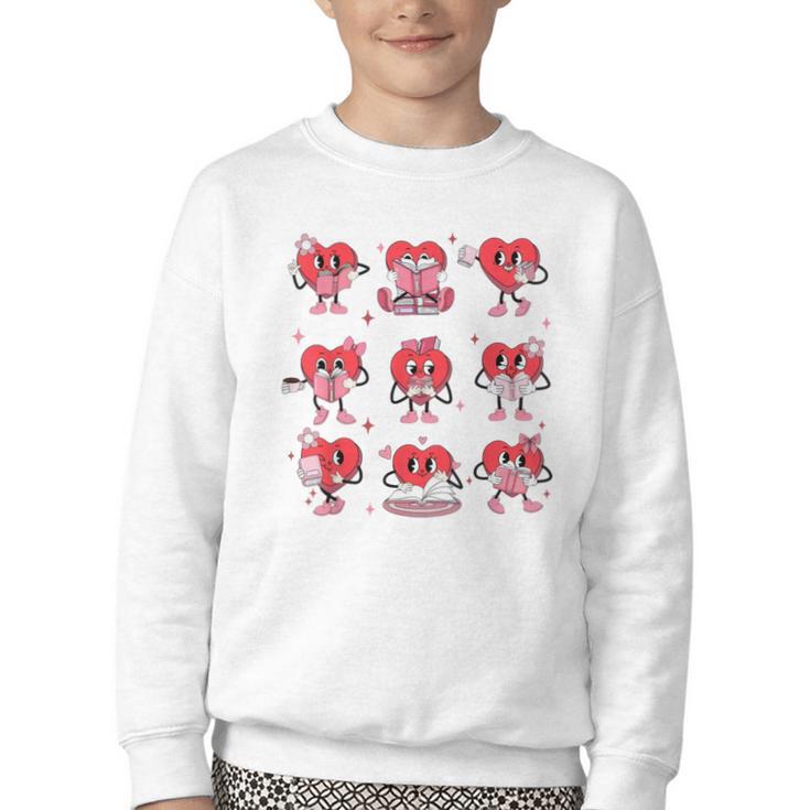 Heart Holding Reading Books Valentine Teacher Book Lover Youth Crewneck Sweatshirt