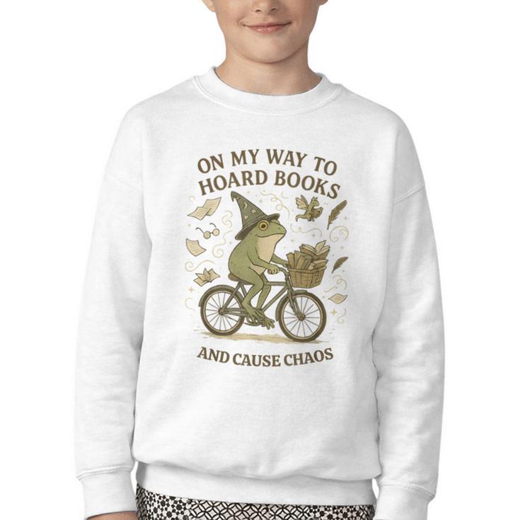 On My Way To Hoard Books And Cause Chaos Tom Foolery Youth Crewneck Sweatshirt
