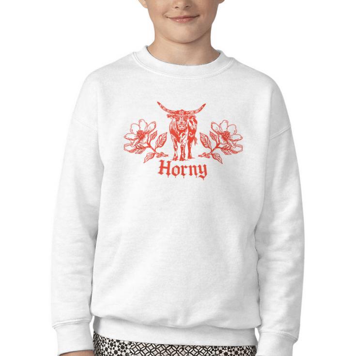 Horny Bull Romance Reader Shirt Spicy Books Bull Pun Youth Crewneck Sweatshirt