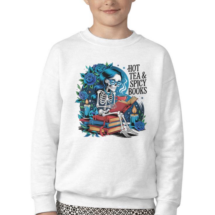 Hot Tea & Spicy Books Skeleton Reader Youth Crewneck Sweatshirt