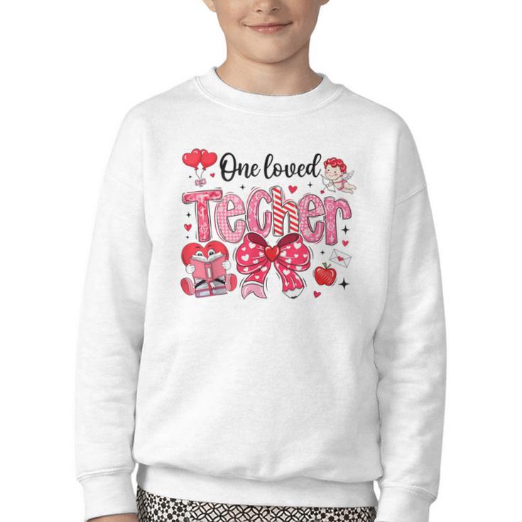 HUGvyn One Loved Teacher Valentine Book Heart Reading Bow Youth Crewneck Sweatshirt