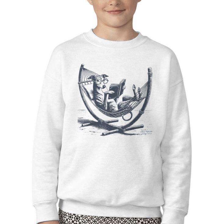 Italian Greyhound Whippet Dog Reading Book Hammock Iggy Mom Youth Crewneck Sweatshirt