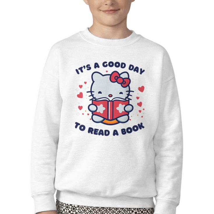 It's a Good Day To Read a Book Cute Cat Book Day Girls Boys Youth Crewneck Sweatshirt