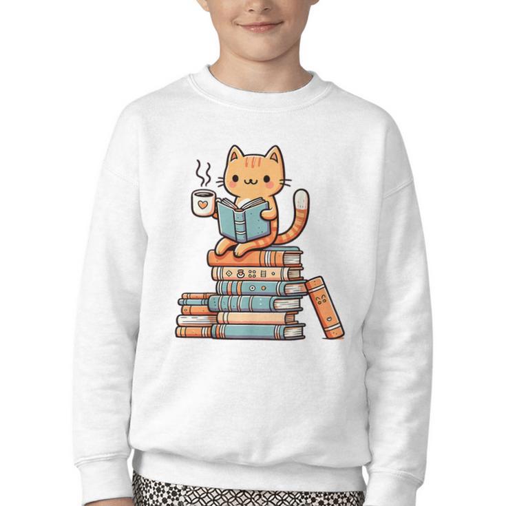 Kawaii Cat Coffee Books Teacher Men Women Girls Kids Youth Crewneck Sweatshirt
