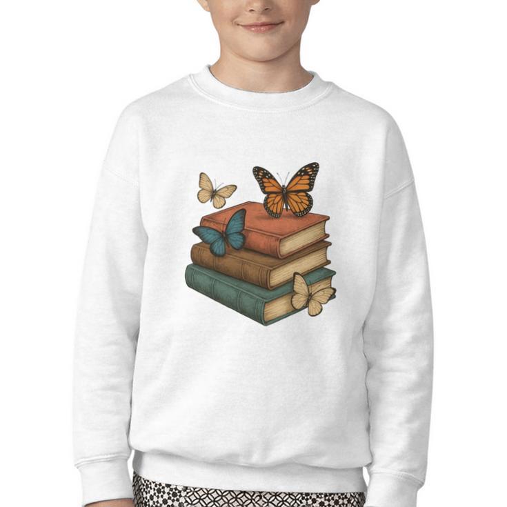 Life Is Better With Butterflies And Books Cute Butterfly Youth Crewneck Sweatshirt