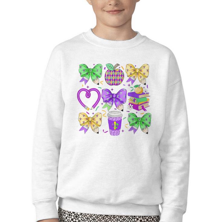 Mardi Gras Teacher Coquette Bow Pencil Apple Book Women Girl Youth Crewneck Sweatshirt