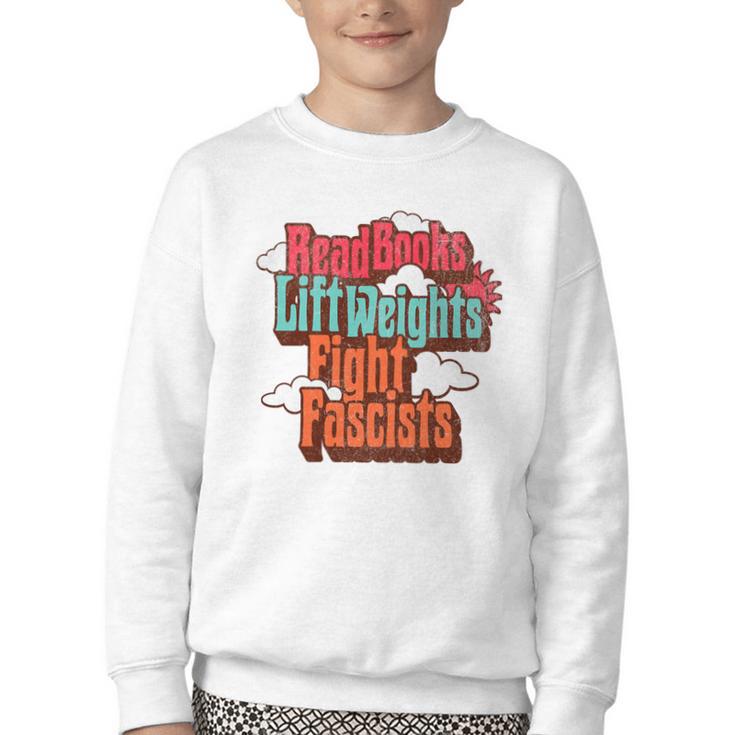 Read Books Lift Weights Fight Fascists Reading No Kings Premium Tri-Blend Youth Crewneck Sweatshirt