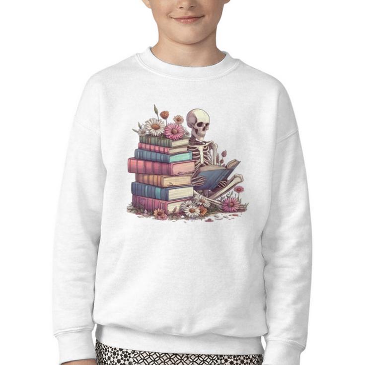 Reading A Book Per Day Keeps Reality Away Skeleton Books Youth Crewneck Sweatshirt