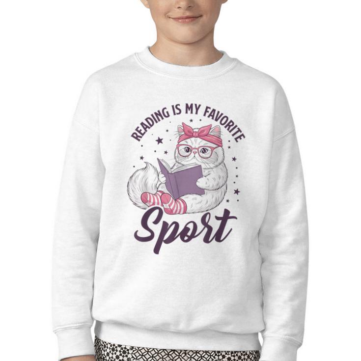 Reading Is My Favorite Sport Saying Cat And Book Lover Youth Crewneck Sweatshirt