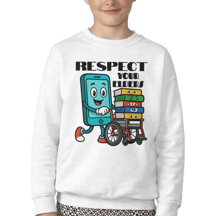 Respect Elders Cellphone Pushing Books In a Wheelchair Youth Crewneck Sweatshirt