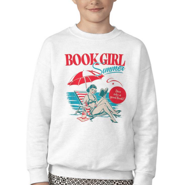 Retro Book Girl Summer For Women Beach Reading Youth Crewneck Sweatshirt