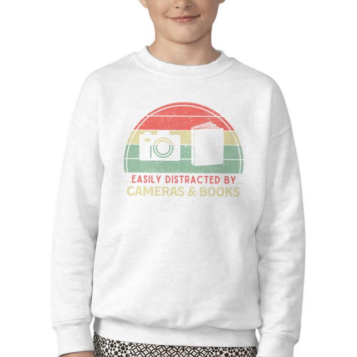 Retro Easily Distracted By Cameras & Books Photography Youth Crewneck Sweatshirt