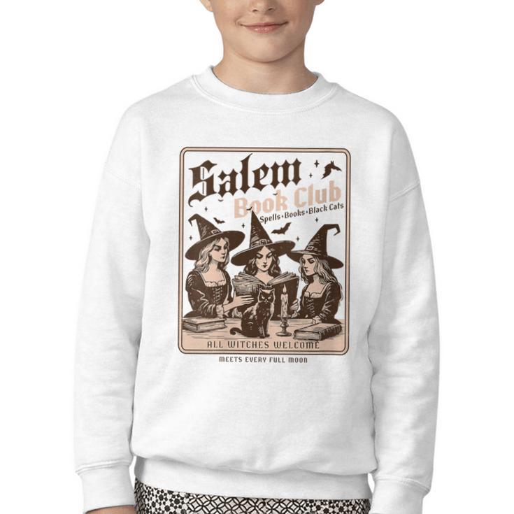 Salem Book Club Bookish Halloween Retro Salem Witch Book Youth Crewneck Sweatshirt