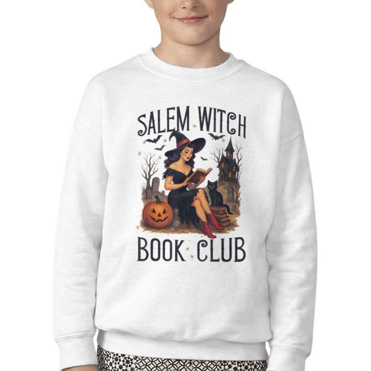 Salem Witch Book Club Bookish Retro Halloween Cat Youth Crewneck Sweatshirt