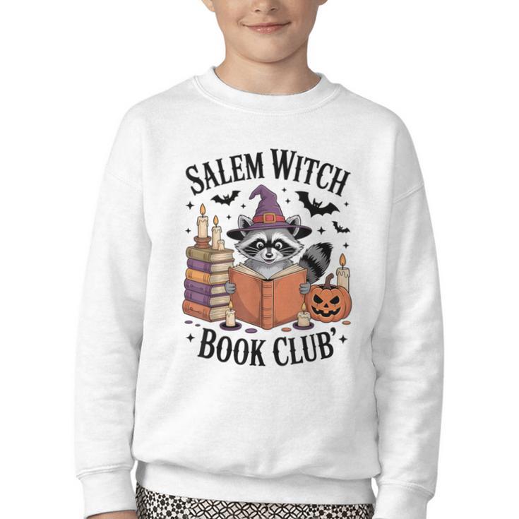 Salem WItch Book Club Halloween Raccoon Witch Reading Book Youth Crewneck Sweatshirt