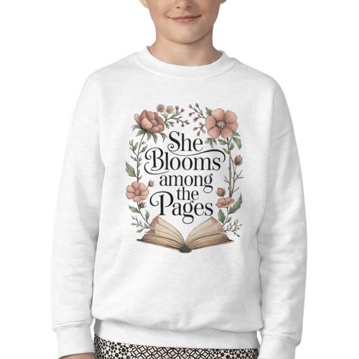 She Blooms Among The Pages Women Mom Wife Floral Book Lover Premium Tri-Blend Youth Crewneck Sweatshirt