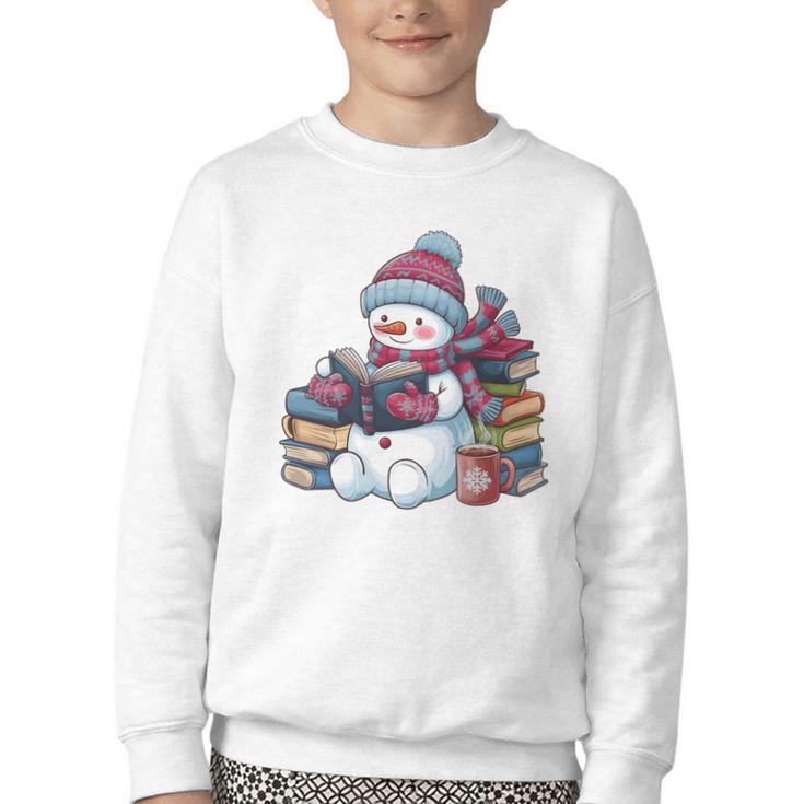 Snowman Reading Book Lovers Christmas Bookworm Librarian Youth Crewneck Sweatshirt