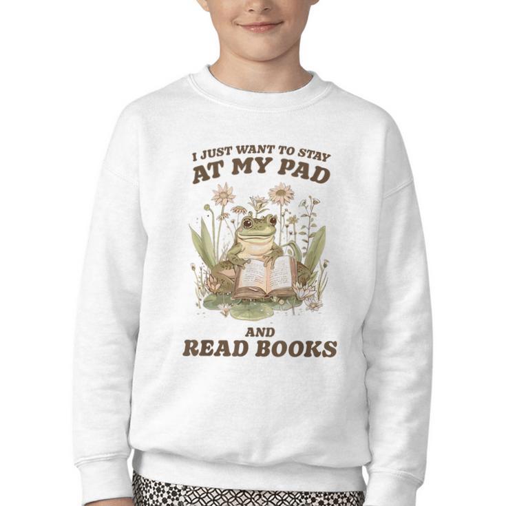 Stay At My Pad And Read Books Frog Introvert Reading Youth Crewneck Sweatshirt