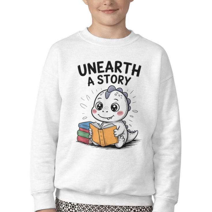 Unearth a Story Cute Dinosaur Summer Reading 2026 Dino Book Youth Crewneck Sweatshirt