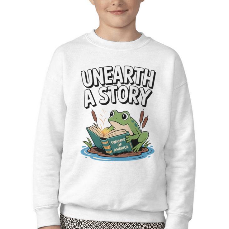 Unearth a Story Frog Reading a Book Summer 2026 Premium Tri-Blend Youth Crewneck Sweatshirt