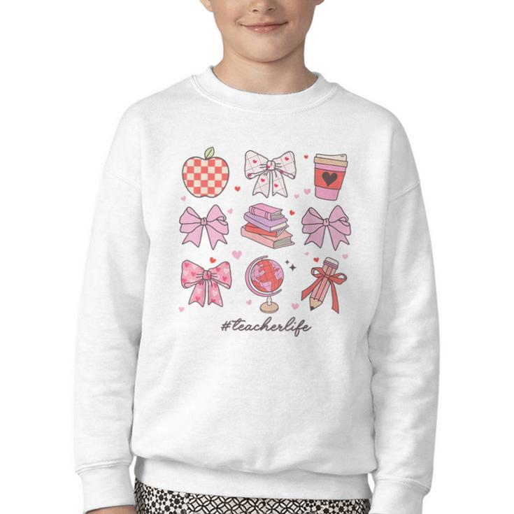 Valentine Teacher Cute Bows Apple Globe Pencil Books Art Youth Crewneck Sweatshirt
