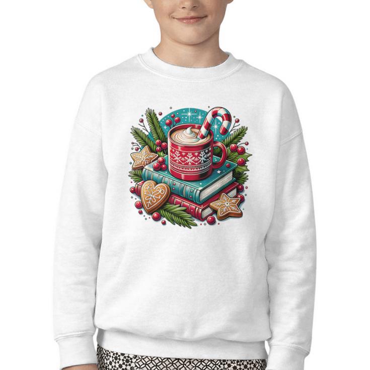 Vintage Cozy Winter Hot Cocoa Books Gingerbread Book Lovers Youth Crewneck Sweatshirt