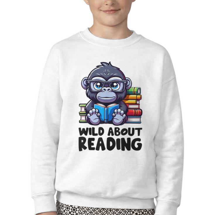 Wild About Reading Book Lover Gorilla Youth Crewneck Sweatshirt