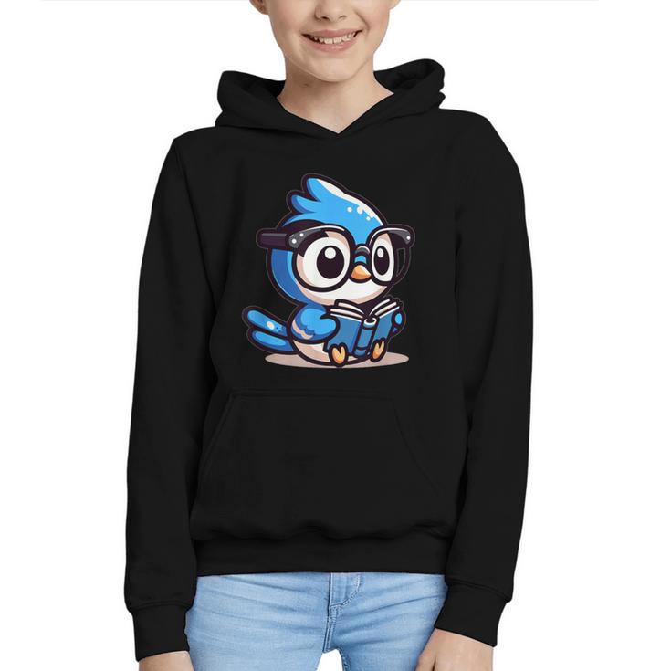 Adorable Book Lover Blue Jay With Reading Glasses Cute Graphic Youth Hoodie