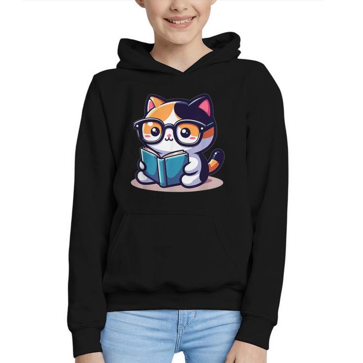 Adorable Book Lover Calico Cat With Reading Glasses Cute For Men Women Kids Graphic Youth Hoodie