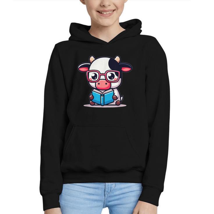 Adorable Book Lover Cow With Reading Glasses Cute Graphic Youth Hoodie