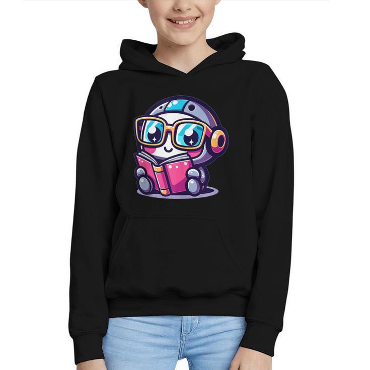 Adorable Book Lover Robot With Reading Glasses Cute Graphic Youth Hoodie