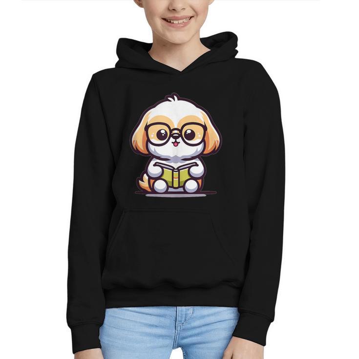 Adorable Book Lover Shih Tzu With Reading Glasses Cute Graphic Youth Hoodie