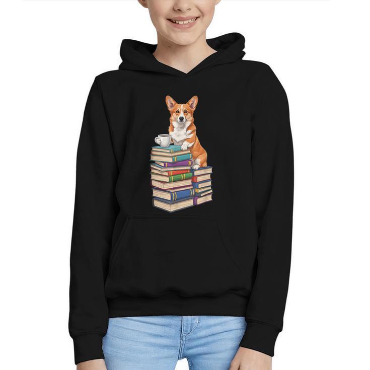 Bookworm Corgi Reading Books Drinking Coffee Dog Lover Graphic Youth Hoodie