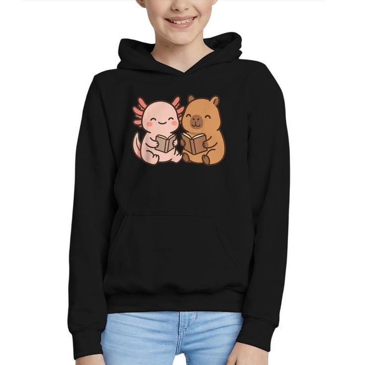 Capybara Axolotl Kawaii Kids Anime Book Lover Reading Graphic Youth Hoodie