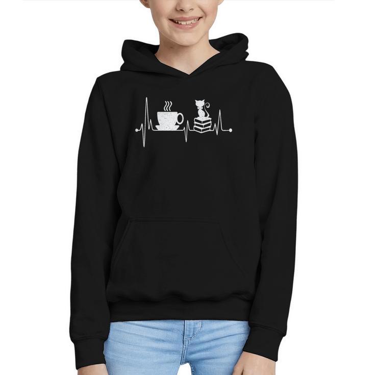 Cat Book Coffee Lover Heartbeat Cat Lover Book Lover Graphic Youth Hoodie