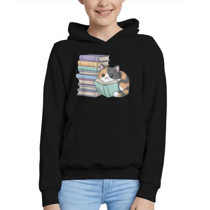 Cat On Books Pets Cats Reading Book Nerd Read Reader Bookcat Graphic Youth Hoodie
