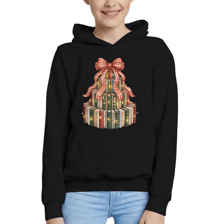 Coquette Christmas Book Tree Xmas Lights Librarian Teacher Graphic Youth Hoodie