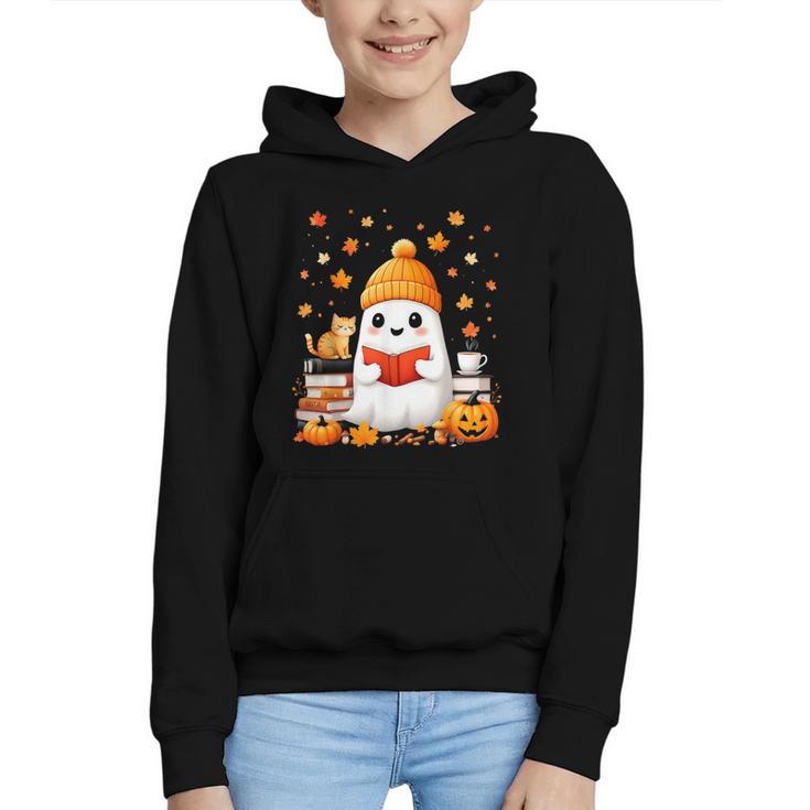 Cute Beanie Ghost Bookworm Cozy Book Reading Halloween Graphic Youth Hoodie