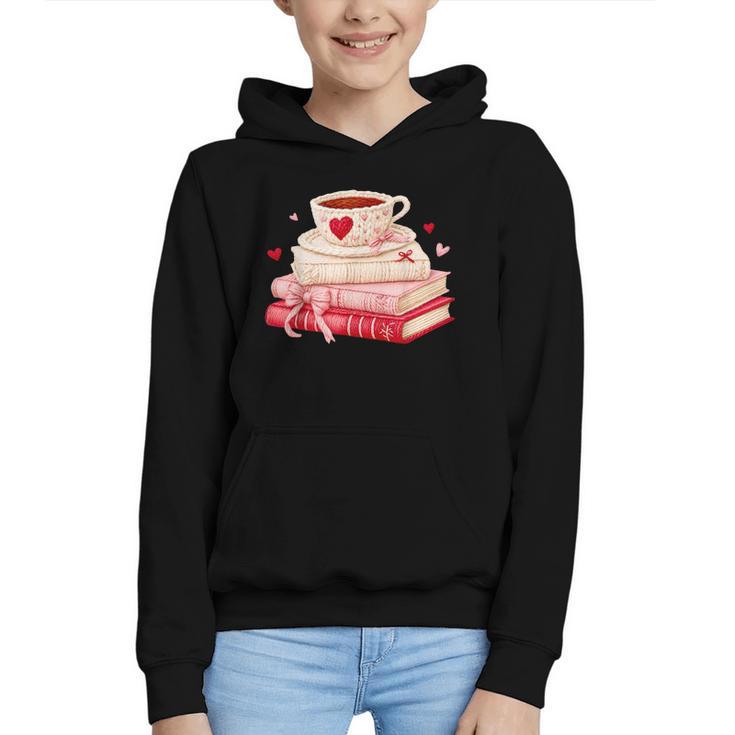 Cute Books And Coffee Crochet Valentines Day Tee For Couples Graphic Youth Hoodie