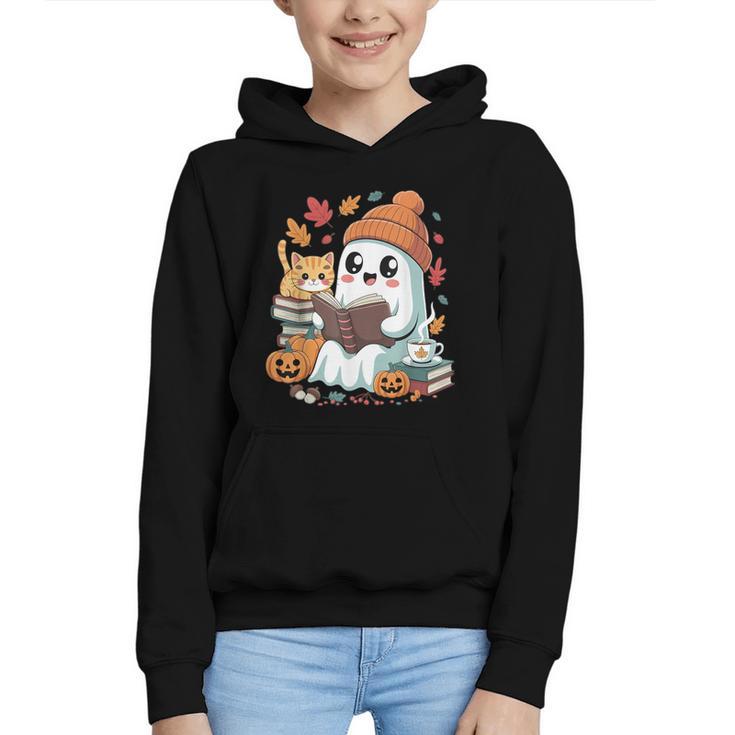 Cute Cozy Ghost Reading With Cat Book Lover Autumn Fall Graphic Youth Hoodie