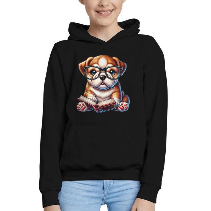 Cute Dog Puppy English Bulldog Reading Book Graphic Youth Hoodie