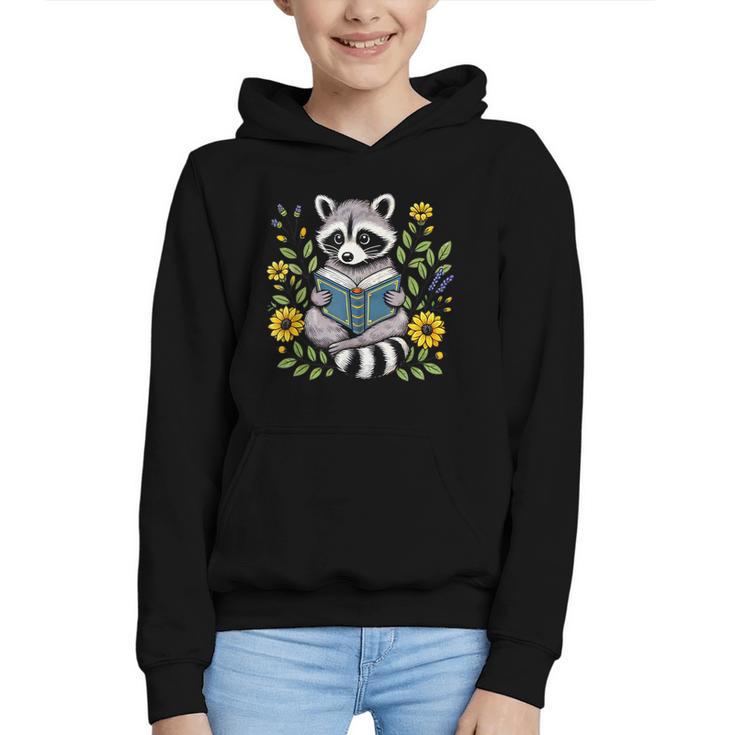 Cute Raccoon Reading Book Flowers Graphic Youth Hoodie