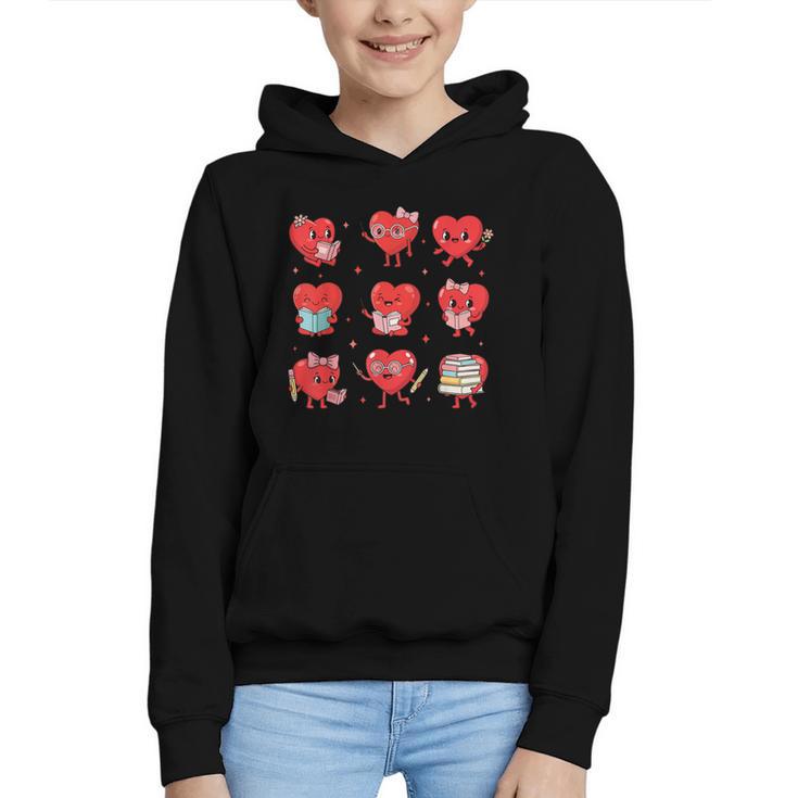 Cute Reading Hearts Valentine Day Book Lover Teacher Student Graphic Youth Hoodie