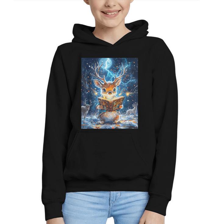 Deer Reads Book Women Girls Reindeer Graphic Youth Hoodie