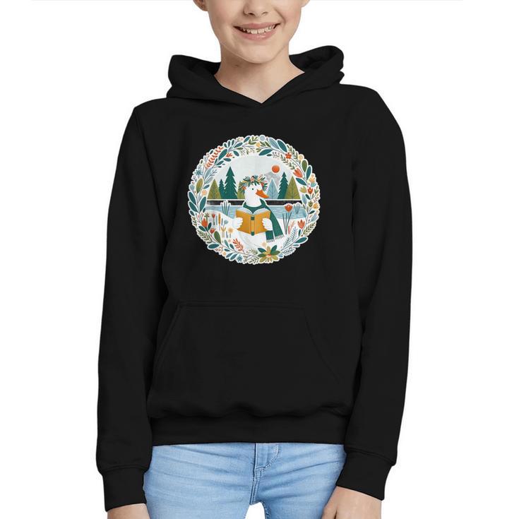 Duck Wilderness Book Reading Illustration Floral Graphic Youth Hoodie