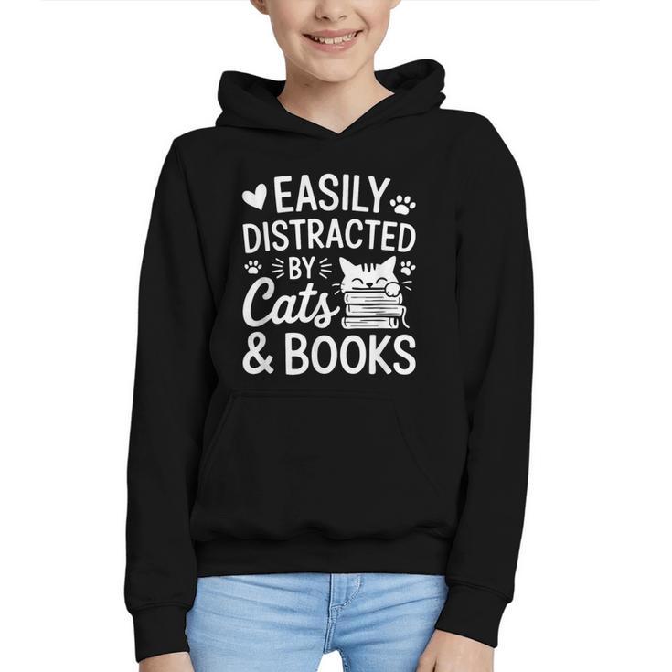 Easily Distracted By Cats And Books Reading Apparel Graphic Youth Hoodie