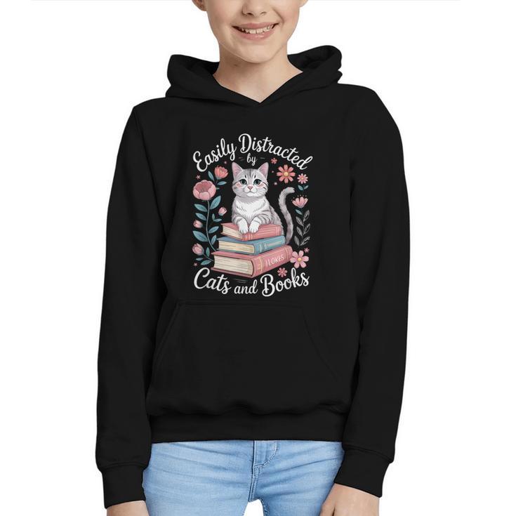 Easily Distracted By Cats And Books Reading Graphic Youth Hoodie