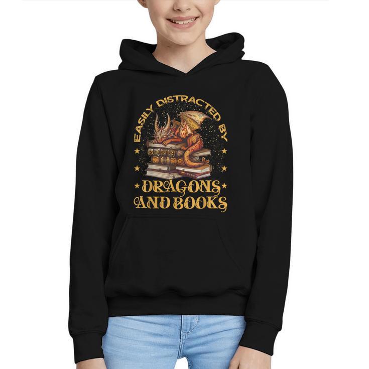 Easily Distracted By Dragons And Books Fantasy Book Lover Graphic Youth Hoodie