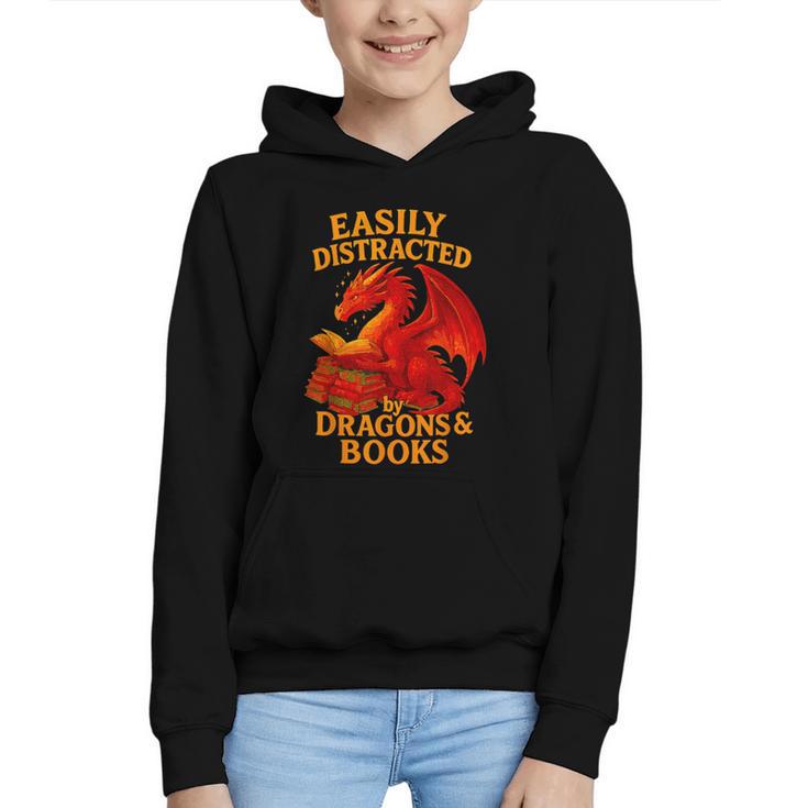 Easily Distracted By Dragons And Books Reading Graphic Youth Hoodie