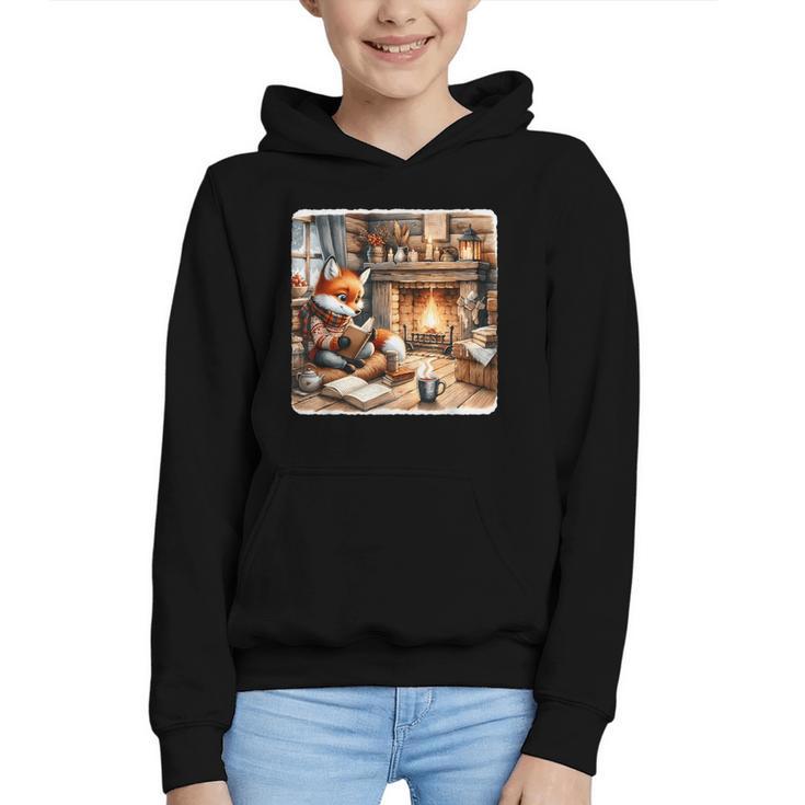 Fox Reads By Fireplace In Cabin Rustic Book Cozy Cup Tea Graphic Youth Hoodie